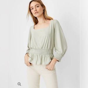 Ann Taylor Smocked Square Neck Puff Sleeve Top in green size medium